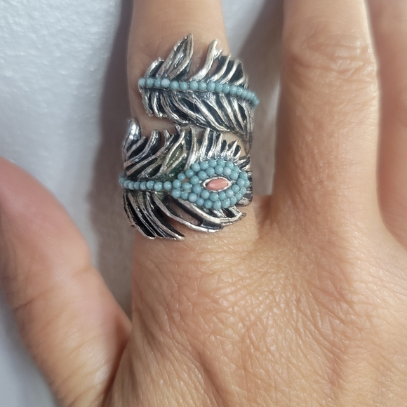 Lucky Brand Silver Feather Ring with Turquoise and Pink Bead Accents - Picture 1 of 3